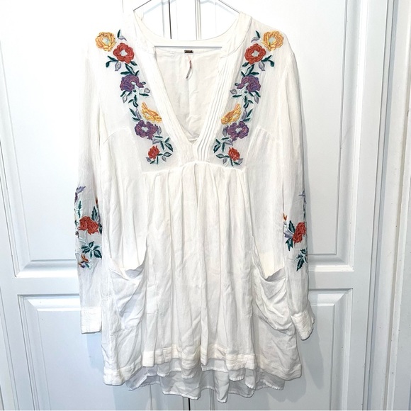 Free People Boho White Embroidered Mini Dress Flowy Peasant Tunic Prairie S - Picture 7 of 14